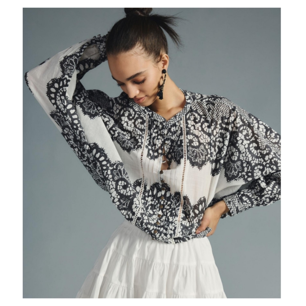 Anthropologie Black and White Printed Peasant Blouse